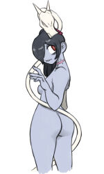 Rule 34 | 1girl, ass, black hair, blue skin, breasts, colored skin, cropped legs, from behind, hair over one eye, leviathan (skullgirls), looking at viewer, looking back, looking to the side, nude, red eyes, sideboob, skullgirls, solo, squigly (skullgirls), stitched mouth, stitches, toshinoshin, white background