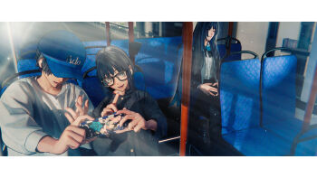 1boy 2girls 3d absurdres ado_(utaite) bilingual_commentary black_hair black_nails blue_hair blue_nails bus_interior chando_(ado) closed_eyes commentary glasses highres letterboxed light_particles long_hair mixed-language_commentary multiple_girls nail_polish selfie short_hair sitting tru_(true_root)