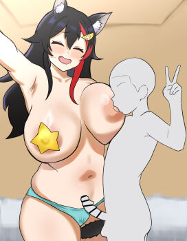 1boy 1girl animal_ear_fluff animal_ears areola_slip armpits black_hair blue_panties blush breast_sucking breasts censored closed_eyes faceless faceless_male hair_ornament hololive huge_breasts long_hair multicolored_hair navel nipples oc_(old-c) ookami_mio open_mouth panties pasties penis plump reaching red_hair single_pasty size_difference smile standing star_(symbol) star_pasties tail tail_around_own_leg topless_female underwear v virtual_youtuber wolf_ears wolf_girl wolf_tail
