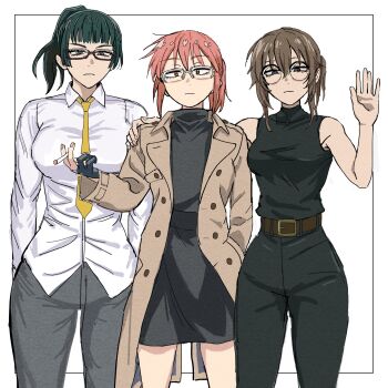 3girls absurdres belt_buckle breasts brown_hair buckle cigarette cosplay costume_switch glasses green_hair hand_on_another's_shoulder highres holding holding_cigarette jujutsu_kaisen kobayashi-san_chi_no_maidragon kobayashi_(maidragon) kobayashi_(maidragon)_(cosplay) large_breasts long_coat medium_breasts multiple_girls necktie orange_hair reiquant shirt simple_background skirt sleeveless small_breasts uguisu_anko uguisu_anko_(cosplay) white_background white_shirt yofukashi_no_uta zen'in_maki zen'in_maki_(cosplay)