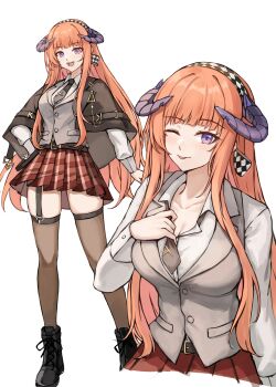 1girl :d ;p absurdres ankle_boots arknights bagpipe_(arknights) belt belt_buckle black_belt black_boots black_capelet black_necktie blazer boots breasts brown_skirt buckle buttons capelet cleavage collarbone collared_shirt commentary english_commentary gongbangmanchi_(daisy_cutter) grey_jacket highres horns jacket lapels long_hair long_sleeves looking_at_viewer medium_breasts multiple_views necktie one_eye_closed open_mouth orange_hair plaid_clothes plaid_skirt pleated_skirt purple_eyes purple_horns shirt short_necktie simple_background skirt smile tongue tongue_out white_background white_shirt