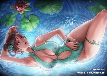 1girl afloat aqua_one-piece_swimsuit breasts breasts_apart brown_eyes brown_hair capcom chun-li double_bun flower hair_bun hair_rings large_breasts lily_pad official_alternate_color official_alternate_costume one-piece_swimsuit oohiro_rin parted_lips solo street_fighter street_fighter_6 swimsuit thigh_strap water_lily_flower