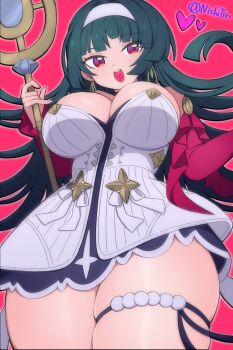 1girl astra_yao black_hair breasts commentary detached_sleeves dress headband heart highres holding holding_staff looking_at_viewer medium_breasts nishitin open_mouth red_background red_eyes red_sleeves smile solo staff teeth thigh_strap upper_teeth_only white_dress white_headband zenless_zone_zero