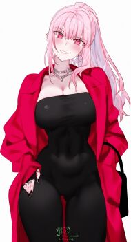1girl :d absurdres bag black_bodysuit blunt_bangs bodysuit breasts cleavage coat commentary covered_navel cowboy_shot english_commentary gluteal_fold grin hand_in_pocket handbag highres hololive hololive_english jewelry kamiya_maneki large_breasts long_hair long_sleeves looking_at_viewer mori_calliope necklace open_mouth pink_eyes pink_hair red_coat sidelocks simple_background smile solo standing virtual_youtuber white_background