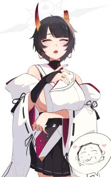 1girl absurdres black_hair blue_archive breasts bridal_gauntlets broken_horn detached_sleeves doodle_sensei_(blue_archive) earrings gradient_horns halo highres hoop_earrings horns japanese_clothes jewelry kimono kyurosuku large_breasts mole mole_under_eye multicolored_horns niya_(blue_archive) one_eye_closed orange_eyes orange_horns revision ribbon-trimmed_sleeves ribbon_trim sensei_(blue_archive) short_hair sideless_kimono single_bridal_gauntlet sleeveless sleeveless_kimono speech_bubble unusually_open_eyes white_halo white_kimono wide_sleeves