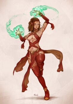 Rule 34 | 1girl, akseldraws, blue eyes, body markings, boots, breasts, brown hair, casting spell, commentary, commission, detached sleeves, dynamic pose, elf, energy, english commentary, facial mark, fantasy, full body, glowing, glowing hands, hair up, high collar, highres, large breasts, magic, medium hair, navel, pelvic curtain, pointy ears, revealing clothes, simple background, sleeves past wrists, standing, standing on one leg, thigh boots, thumb hole sleeves, underboob