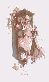 1boy 1girl black_coat black_gloves book bookshelf breasts brown_hair chaoxibumian coat dress flower full_body gloves highres hood hood_down hooded_coat ladder lantern long_coat long_dress long_hair looking_at_another love_and_deepspace medium_breasts on_ladder pink_dress pink_flower protagonist_(love_and_deepspace) purple_hair rafayel_(love_and_deepspace) short_hair standing white_background