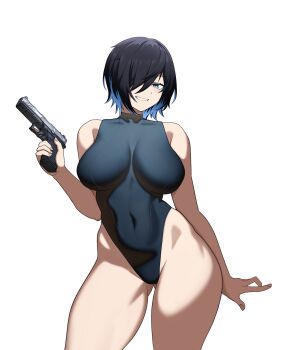 1girl black_hair black_one-piece_swimsuit blue_eyes blue_hair breasts cero_(last2stage) commentary commission covered_navel curvy english_commentary eyelashes fingernails glock gluteal_fold gun hair_over_one_eye handgun highleg highleg_one-piece_swimsuit highres holding holding_gun holding_weapon large_breasts multicolored_hair one-piece_swimsuit original short_hair simple_background smile solo strike_industries_strike100 swimsuit two-tone_hair weapon white_background wide_hips