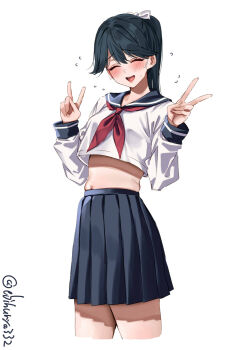 1girl :d black_hair blue_sailor_collar blue_skirt blush bow closed_eyes commentary_request cowboy_shot cropped_legs cropped_shirt double-parted_bangs double_v ebifurya flying_sweatdrops hair_bow highres houshou_(kancolle) kantai_collection long_hair long_sleeves midriff navel neckerchief one-hour_drawing_challenge open_mouth pleated_skirt ponytail red_neckerchief sailor_collar school_uniform serafuku shirt simple_background skirt smile solo standing sweat teeth twitter_username upper_teeth_only v white_background white_bow white_shirt