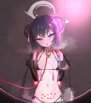 1girl absurdres assertive_female backpack bag bell bikini biting black_gloves black_hair blue_archive braid braided_bun breasts collar condom crime_prevention_buzzer double_bun double_v female_pervert gloves grey_eyes grey_halo grid_background hair_bun halo heart heart-shaped_pupils heavy_breathing highres holding holding_leash kisaki_(blue_archive) latex latex_gloves leash long_hair micro_bikini mirror navel neck_bell pervert randoseru revealing_clothes bad_tag sizhe small_breasts solo steam steaming_body stray_pubic_hair sweat swimsuit symbol-shaped_pupils tilted_head twintails used_condom v variant_set