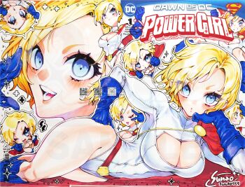 1girl belt blonde_hair blue_boots blue_eyes blue_gloves boots breasts cape character_name chibi chibi_inset cleavage cleavage_cutout clothing_cutout commentary dc_comics gloves hashtag-only_commentary highres large_breasts leotard looking_at_viewer lying multiple_views on_side open_mouth power_girl qr_code red_belt red_cape sample_watermark short_hair solo sunao_saito symbol-only_commentary watermark white_leotard