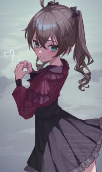 Rule 34 | 1girl, ahoge, alternate costume, black bow, black skirt, blue eyes, bow, brown hair, closed mouth, commentary, frilled shirt, frills, hair bow, heart, heart hands, highres, hololive, looking at viewer, medium hair, natsuiro matsuri, one side up, red shirt, shirt, skirt, smile, solo, virtual youtuber, xyunx