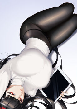 1girl arm_up black_hair black_panties black_pantyhose blue_archive blueorca blunt_bangs breasts bright_pupils fine_fabric_emphasis hair_ornament hairband hairclip halo highres holding holding_tablet_pc large_breasts long_hair long_sleeves looking_at_viewer lying on_back on_side panties panties_under_pantyhose pantyhose parted_lips red_eyes rio_(blue_archive) shirt simple_background skirt solo sweater tablet_pc taut_clothes taut_sweater thighs turtleneck turtleneck_sweater underwear uniform upside-down very_long_hair white_pupils white_shirt white_sweater