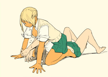 2girls blonde_hair fujita_kakuji jiu-jitsu multiple_girls skirt smile wrestling