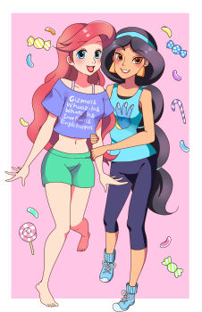 2girls :d aladdin_(movie) alice_(pixiv80284903) ariel_(disney) bare_legs barefoot black_pants blue_eyes blue_footwear blue_hairband blue_tank_top blush border candy candy_cane candy_wrapper clothes_writing cropped_shirt danish_text dark-skinned_female dark_skin disney disney_princess earrings food full_body green_shorts grin hairband highres holding_another's_arm jasmine_(disney) jewelry leg_up lollipop long_hair looking_ahead looking_at_viewer loungewear midriff multi-tied_hair multiple_girls off-shoulder_shirt off_shoulder open_mouth pants parted_bangs pink_background purple_shirt red_hair red_lips shirt shoes short_shorts short_sleeves shorts simple_background smile sneakers spaghetti_strap spread_fingers swirl_lollipop tank_top teeth the_little_mermaid_(disney) triangle_earrings very_long_hair white_border wreck-it_ralph