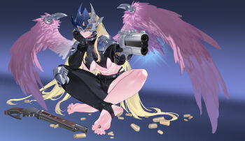 1girl absurdres asymmetrical_legwear barefoot beelstarmon beelstarmon_x-antibody between_toes blonde_hair bullet digimon feet gun handgun highres long_hair looking_at_viewer nils parted_lips red_eyes shell_casing soles stirrup_legwear toeless_legwear toes weapon wings