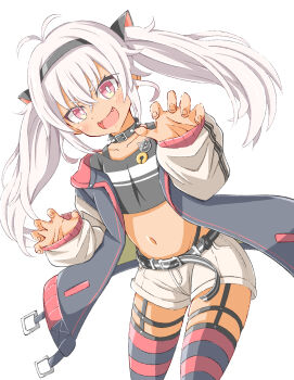 absurdres animal_ears black_headband black_jacket black_shirt black_thighhighs cat_ears claw_pose fake_animal_ears headband highres jacket looking_at_viewer matsukai_mao matsukai_mao_(1st_costume) nijisanji purple_eyes red_thighhighs shirt shorts smile solo striped_clothes striped_thighhighs thigh_strap thighhighs toushirou_(sugarwhite1046) twintails virtual_youtuber white_background white_hair white_shorts