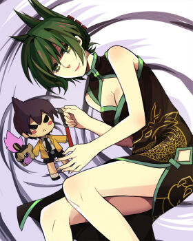 breasts china_dress chinese_clothes cleavage dress gatakuri green_eyes green_hair lying shaman_king short_hair smile tao_jun tao_ren