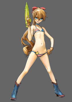 1girl 5pb. :d american_flag american_flag_bikini american_flag_print bad_id bad_pixiv_id bare_legs bare_shoulders bikini billy_the_kid_(eiyuu_senki) blonde_hair blue_eyes boots bow breasts choker cowboy_boots curly_hair cyduster eiyuu_senki energy_gun female_focus flag_print flag_print_bikini flat_chest full_body gloves grin hair_bow loli long_hair navel neck_ribbon open_mouth print_bikini ray_gun ribbon scar scar_on_face scar_on_nose sheriff_badge simple_background skinny small_breasts smile solo spread_legs standing swimsuit tenco thighs tongue water_gun weapon