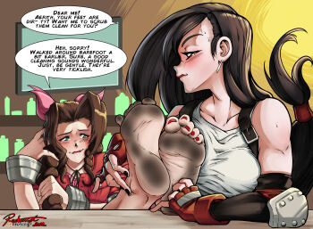 2girls aerith_gainsborough artist_name bare_shoulders barefoot belt_buckle black_hair black_nails blush bow bracelet brown_hair buckle collarbone dirty dirty_feet english_text feet final_fantasy final_fantasy_vii fingerless_gloves foot_focus gloves highres holding_own_hair indoors jewelry long_hair multiple_girls nail_polish profile redscript77_(artist) sleeveless soles speech_bubble tickling tickling_feet tifa_lockhart toenail_polish toenails toes yuri