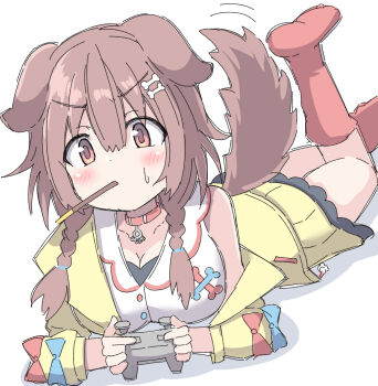 1girl animal_ears blush bone_hair_ornament braid breasts brown_eyes brown_hair cartoon_bone cleavage commentary commentary_request controller dog_ears dog_tail food food_in_mouth game_controller hair_ornament highres hololive inugami_korone inugami_korone_(1st_costume) lying medium_breasts pocky pocky_in_mouth solo tail twin_braids umberblack v-shaped_eyebrows