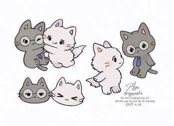 Rule 34 | > <, animal, animal focus, ayu (mog), blue necktie, cat, closed eyes, closed mouth, commentary request, glasses, grey cat, highres, necktie, no humans, one eye closed, original, round eyewear, signature, simple background, smile, solid circle eyes, twitter username, watermark, white background, white cat