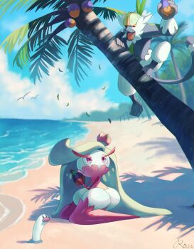 beach berry_(pokemon) black_fur chesto_berry colored_skin crown eyeshadow falling_leaves fangs food fruit gen_7_pokemon green_hair half-closed_eyes highres holding holding_food holding_fruit in_tree kneeling leaf long_eyelashes long_hair looking_up makeup mini_crown monkey monster_girl nintendo no_humans open_mouth orange_eyes palm_tree passimian pink_eyes pink_eyeshadow plant_girl pokemon pokemon_(creature) pokemon_focus purple_thighhighs rongai28 sitting tail thighhighs tree tsareena very_long_hair wariza water white_fur white_skin wiglett