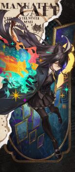 1girl ahoge animal_ears black_gloves black_hair black_pantyhose colored_petticoat black_skirt blazer closed_mouth collared_shirt daniel_deng ear_ornament ear_tag gloves hair_between_eyes highres horse_ears horse_girl jacket long_bangs long_hair long_sleeves manhattan_cafe_(umamusume) multicolored_hair necktie pantyhose petticoat pleated_skirt shirt shoes skirt solo umamusume white_hair white_shirt yellow_eyes yellow_necktie