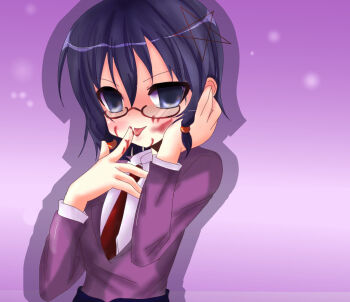 Rule 34 | 1girl, blood, blood on face, blood on hands, corpse party, female focus, finger to mouth, glasses, hair ornament, necktie, purple eyes, purple hair, saenoki naho, school uniform, short hair, solo, tongue, tounyo, yandere, yandere no onna no ko ni shinu hodo aisarete nemurenai cd