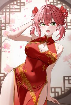 1girl absurdres ahoge animal_print arm_up bare_shoulders blush breasts butterfly_print cherry_blossoms china_dress chinese_clothes cleavage commentary covered_navel double_bun dress flower hair_between_eyes hair_bun hair_flower hair_ornament hair_ribbon hairclip highres hololive keystone_(costone) large_breasts lattice long_hair looking_at_viewer mole mole_on_breast open_mouth petals pink_hair red_dress red_ribbon ribbon sakura_miko smile solo thighs virtual_youtuber