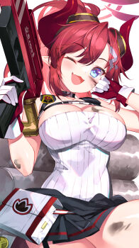 Rule 34 | 1girl, ;d, bare shoulders, black jacket, blue archive, blue eyes, blush, breasts, bucchake (asami), choker, cleavage, clothes around waist, collarbone, commentary request, cowboy shot, demon horns, dirty, fang, flamethrower, gas tank, gloves, goggles, goggles on head, gun, hair between eyes, hair ornament, hairclip, halo, highres, holding, holding flamethrower, holding gun, holding weapon, horns, jacket, jacket around waist, large breasts, long hair, looking at viewer, megu (blue archive), miniskirt, one eye closed, open mouth, pleated skirt, pointy ears, ponytail, pouch, red gloves, red hair, red horns, ribbed shirt, shirt, sidelocks, simple background, sitting, skin fang, skirt, smile, solo, strapless, strapless shirt, tank top, two-tone gloves, weapon, white background, white gloves, white shirt