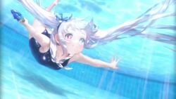 1girl animated arm_up ass blue_eyes blue_sandals breasts brown_dust_(series) brown_dust_2 closed_eyes covered_navel grey_hair hair_between_eyes hair_ribbon heterochromia highleg highleg_one-piece_swimsuit innertube loli long_hair looking_at_viewer official_art one-piece_swimsuit open_mouth pool red_eyes refithea_(brown_dust) ribbon sandals school_swimsuit small_breasts smile sound swim_ring swimming swimsuit tagme thighs toes twintails underwater video water water_gun