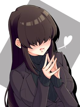 1girl black_hair blush breasts hair_over_eyes hashtag-only_commentary heart highres jacket kakure_meme kimi_no_koto_ga_dai_dai_dai_dai_daisuki_na_100-nin_no_kanojo lapels large_breasts long_hair mole mole_under_mouth open_mouth own_hands_together pack_hobby ribbed_sweater sleeves_past_wrists solo sweater turtleneck turtleneck_sweater upper_body