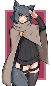 1girl animal_ear_fluff animal_ears black_sweater black_thighhighs border brown_cape cape cat_ears cat_girl closed_mouth colored_sclera commentary commission cowboy_shot english_commentary grey_hair hand_up highres long_sleeves looking_at_viewer oninuer original outside_border red_background red_sclera short_hair smile solo sweater swept_bangs thighhighs white_border yellow_eyes
