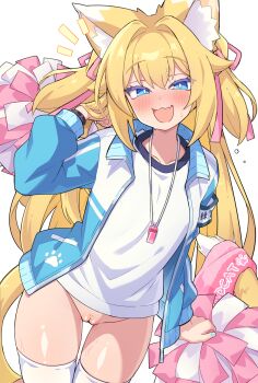 1girl :3 animal_ears arm_up armband blonde_hair blue_armband blue_eyes blush bottomless bright_pupils cat_ears cat_girl cat_tail colored_eyelashes cowboy_shot dot_nose fang gym_shirt gym_uniform hair_ribbon hand_in_own_hair highres holding holding_pom_poms jacket long_hair long_sleeves looking_at_viewer notice_lines open_clothes open_jacket open_mouth original paw_print pink_ribbon pom_pom_(cheerleading) pom_poms pussy ribbon shirt skin_fang solo sweat tail thighhighs towel track_jacket ug_(nekonekodou) variant_set whistle whistle_around_neck white_background white_pupils white_shirt white_thighhighs