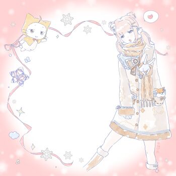 Rule 34 | 1girl, :3, ahoge, animal, animal print, blue bow, blue sailor collar, blunt bangs, boots, border, bow, bowtie, brown boots, brown bow, brown bowtie, buttons, cat, chinese commentary, cloak, closed mouth, clothed animal, cloud, coat, commentary request, cone hair bun, cropped legs, dog hair ornament, dog print, double bun, ear covers, fingerless gloves, frilled sailor collar, frills, fringe trim, fur-trimmed boots, fur-trimmed coat, fur-trimmed sleeves, fur trim, gloves, guardian floof (infinity nikki), hair bow, hair bun, hair ornament, hair scrunchie, hairclip, heart, highres, hood, hood up, hooded cloak, infinity nikki, jintianshigehaotianqine, knee boots, long hair, long sleeves, low twintails, momo (nikki), navel, nikki (nikki), nikki (series), open mouth, outside border, parallel hairclips, pink border, pink hair, pink ribbon, pocket, print coat, red bow, red bowtie, ribbon, round border, sailor collar, scarf, scrunchie, sleeve bow, sleeves past wrists, smile, snowflakes, snowing, sparkle, speech bubble, spoken heart, traditional bowtie, twintails, v, variant set, whiskers, white background, white cat, white coat, white gloves, white scrunchie, winter clothes, winter coat, yellow cloak, yellow scarf