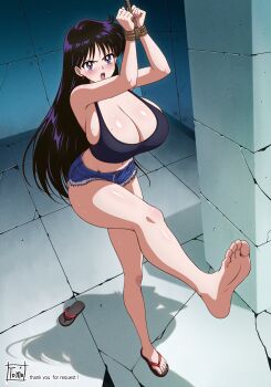 1girl absurdres alternate_breast_size_(larger) bishoujo_senshi_sailor_moon black_hair black_tank_top blue_shorts blush bound bound_wrists breasts commission flip-flops frown highres hino_rei huge_breasts leg_up long_hair micro_shorts open_mouth purple_eyes restrained sandals shadow shorts single_bare_foot skeb_commission solo suspension tank_top tied_up_(nonsexual) tomo_eokaiteru