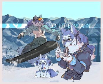 1girl animal animal_ears blue_hair blue_sky chopsticks commentary_request dire_wolf_(kemono_friends) extra_ears food gloves goggles grey_eyes highres jacket kemono_friends kemono_friends_v_project long_hair noodles outdoors pants ribbon skirt sky snow snowboard tail toki_reatle twintails udon virtual_youtuber wolf wolf_ears wolf_girl wolf_tail