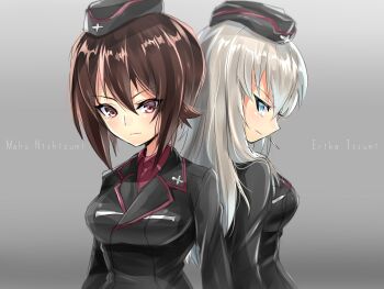 Rule 34 | 2girls, adachi (nogami nono), black hat, black jacket, blue eyes, breasts, brown eyes, brown hair, facing away, garrison cap, girls und panzer, gradient background, grey background, grey hair, hat, highres, itsumi erika, jacket, kuromorimine military uniform, long sleeves, medium breasts, medium hair, miniskirt, multiple girls, nishizumi maho, red skirt, short hair, signature, skirt