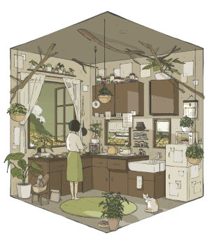 1girl animal baguette barefoot basket black_hair bob_cut bottle branch bread cabinet calico_(pattern) calico_cat cat cloud commentary_request cooking_pot curtains diorama faucet food from_behind frying_pan green_skirt green_sky hanging_light hanging_plant highres indoors jar kettle limited_palette ma_(mamamauuuuu) microwave open_window original pet plant potted_plant refrigerator rug shirt short_hair short_sleeves sink skirt sky solo standing stove white_shirt wide_shot window