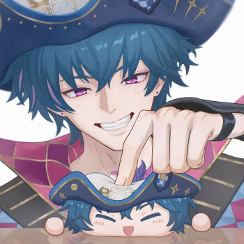 1boy 8k_u ball_hands brant_(wuthering_waves) commentary_request dual_persona grin highres looking_at_object male_focus poking purple_eyes remnant_cube_(wuthering_waves) simple_background smile white_background wuthering_waves