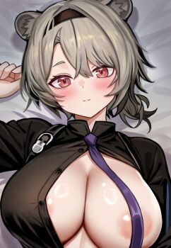 1girl absinthe_(arknights) absurdres animal_ears areola_slip arknights bear_ears black_hairband black_shirt blush brown_hair closed_mouth da-negi hairband highres looking_at_viewer necktie no_bra one_breast_out open_clothes open_shirt purple_necktie red_eyes shirt short_hair smile solo unbuttoned unbuttoned_shirt upper_body