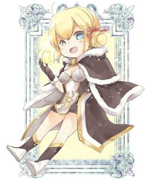 1girl :d blonde_hair blue_eyes blush boots breasts brown_boots brown_cape brown_dress brown_gloves cape cleavage commentary_request double_bun dress full_body fur-trimmed_cape fur-trimmed_gloves fur_trim gloves hair_bun hair_ribbon hand_on_own_hip high_wizard_(ragnarok_online) kathryne_keyron layered_dress looking_at_viewer medium_breasts multicolored_boots open_mouth ragnarok_online red_ribbon ribbon shinonome_moegi short_hair smile solo two-tone_boots two-tone_dress white_background white_boots white_dress