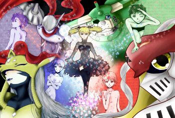 Rule 34 | 2girls, 3boys, akiyama ryo, alice mccoy, armor, armpits, biomerge, clothed female nude female, clothed female nude male, completely nude, covering chest, covering privates, digimon, digimon (creature), digimon tamers, dukemon, fox mask, full body, fusion, gothic lolita, groin, hair down, hair ornament, hairpin, highres, justimon, lee jianliang, lolita fashion, long hair, looking at viewer, looking back, makino ruki, mask, matrix evolution, matsuda takato, multiple boys, multiple girls, navel, nude, one eye closed, ribbon, saintgalgomon, sakuyamon, smile, twintails, upper body, wink, yin yang