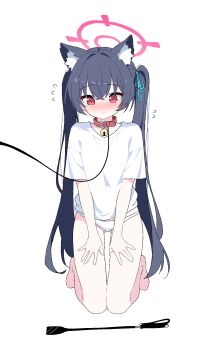 1girl bell black_hair blue_archive blue_bow blush bow breasts collar halo highres jingle_bell kneeling lmg7811 looking_at_viewer panties red_collar red_eyes red_halo serika_(blue_archive) shirt simple_background small_breasts solo twintails underwear white_background white_panties white_shirt