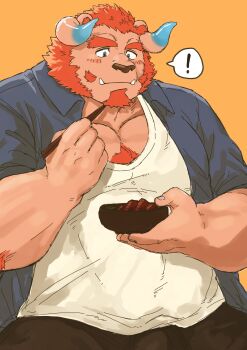 ! 1boy bara blue_eyes blush bulge chernobog_(housamo) chest_hair chest_tuft chopsticks commentary_request curled_horns eating facial_hair forked_eyebrows furry furry_male goatee gradient_horns haishiba_ame highres holding holding_chopsticks horns huge_eyebrows large_pectorals minotaur multicolored_horns muscular muscular_male mutton_chops pectoral_cleavage pectorals pink_fur sanpaku solo spoken_exclamation_mark tokyo_houkago_summoners tusks