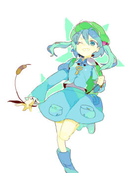 Rule 34 | 1girl, blue hair, blue shirt, blue skirt, boots, cattail, frilled sleeves, frills, green hat, hair ornament, hat, jewelry, kawashiro nitori, key, key necklace, long sleeves, necklace, oekaki, oimo (14sainobba), one eye closed, plant, shirt, skirt, skirt pocket, star (symbol), teeth, touhou, twintails, white background
