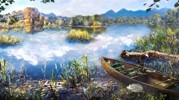 boat commentary day highres lake log mountainous_horizon nature no_humans original outdoors reflection reflective_liquid scenery sky water watercraft zaq_(pgvc4472)