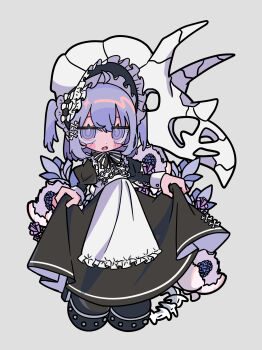 Rule 34 | 1girl, absurdres, animal skull, apron, black dress, blue hair, bonnet, commentary request, deformed, dinosaur, dress, flower, frilled apron, frilled bonnet, frills, full body, goth fashion, highres, long sleeves, looking at viewer, maid, open mouth, original, purple eyes, purple hair, skirt hold, solo, standing, teira (ooxoo), two side up, white apron