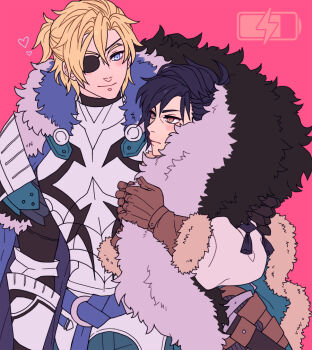 2boys alisha_(heirror) aqua_cape armor arms_up battery_indicator black_fur blonde_hair blue_hair blush breastplate brown_gloves cape closed_mouth commentary cowboy_shot dark_blue_hair dimitri_alexandre_blaiddyd dimitri_alexandre_blaiddyd_(king_of_faerghus) dimitri_alexandre_blaiddyd_(timeskip) english_commentary eye_contact eyepatch faulds felix_hugo_fraldarius felix_hugo_fraldarius_(timeskip) fire_emblem fire_emblem:_three_houses fur-trimmed_cape fur-trimmed_gloves fur_trim gauntlets gloves hair_between_eyes heart holstered leather leather_gloves long_sleeves looking_at_another male_focus multiple_boys nintendo one_eye_covered orange_eyes pauldrons shirt shoulder_armor single_pauldron smile standing sword weapon white_armor white_fur white_shirt yaoi